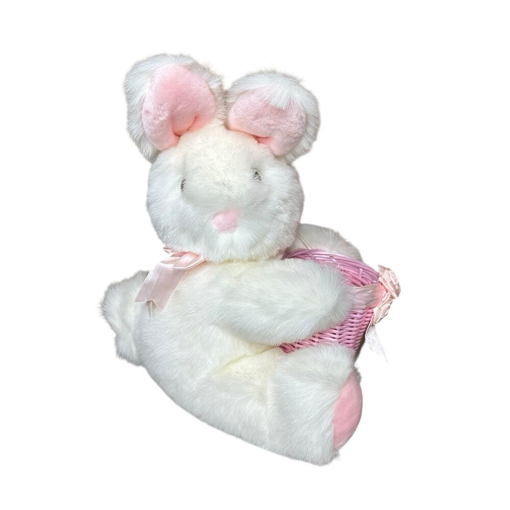 Vtg Plush Creations White Pink Stuffed Plush Easter Bunny with Basket 13" Soft